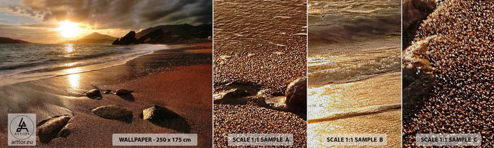 Prøve Fototapet Premium Sand - Følg solen til bjergene - Landskab, Hav, Solnedgang - 100x30 cm