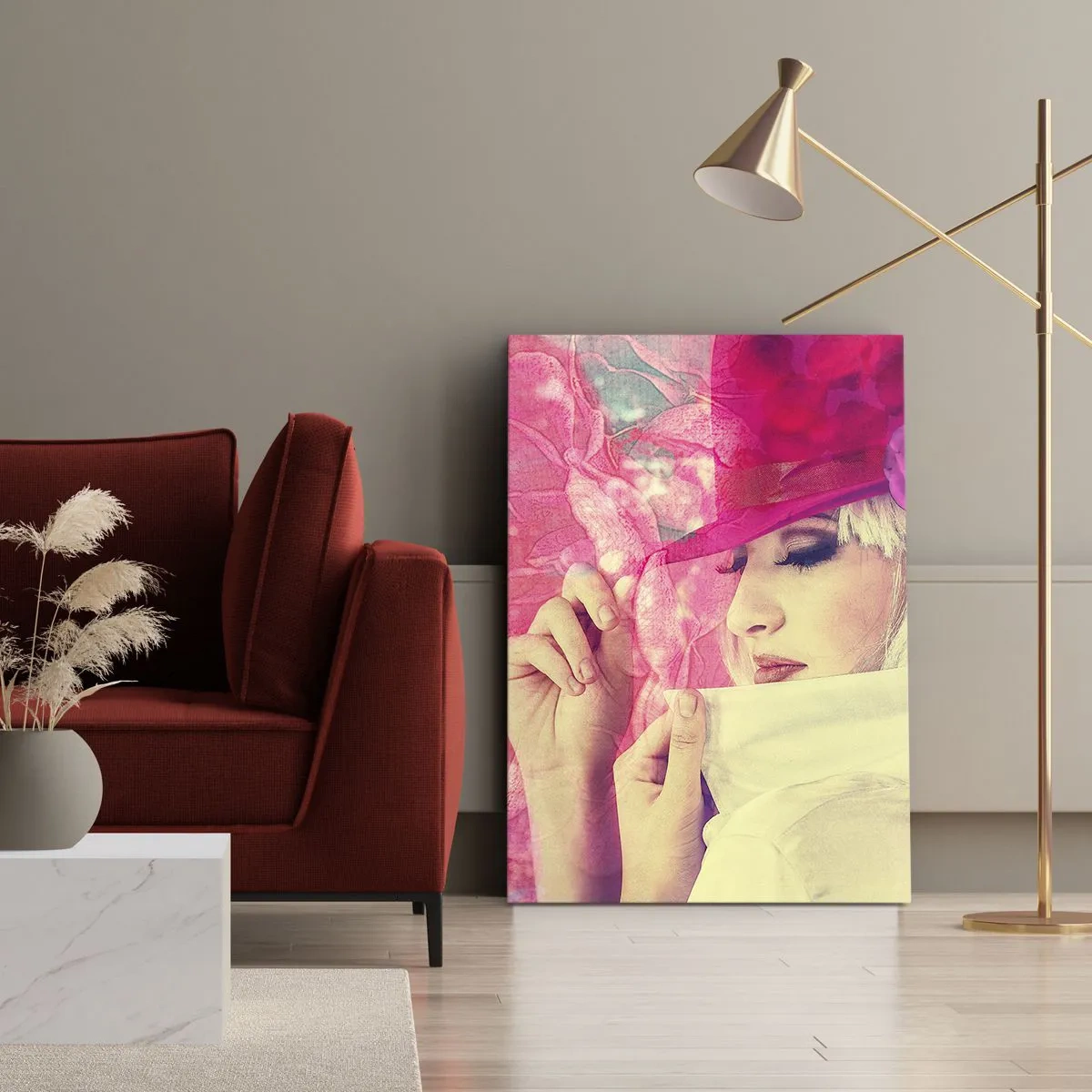 Lærredstryk - Billede på lærred - Retro portræt i lyserødt - 50x70 cm