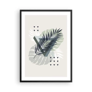 Plakat i sort ramme - Abstrakte tropiske blade på en lys baggrund - 50x70cm - Natur og geometri - to ordener? - Moderne vægdekoration til stue og soveværelse ARTTOR