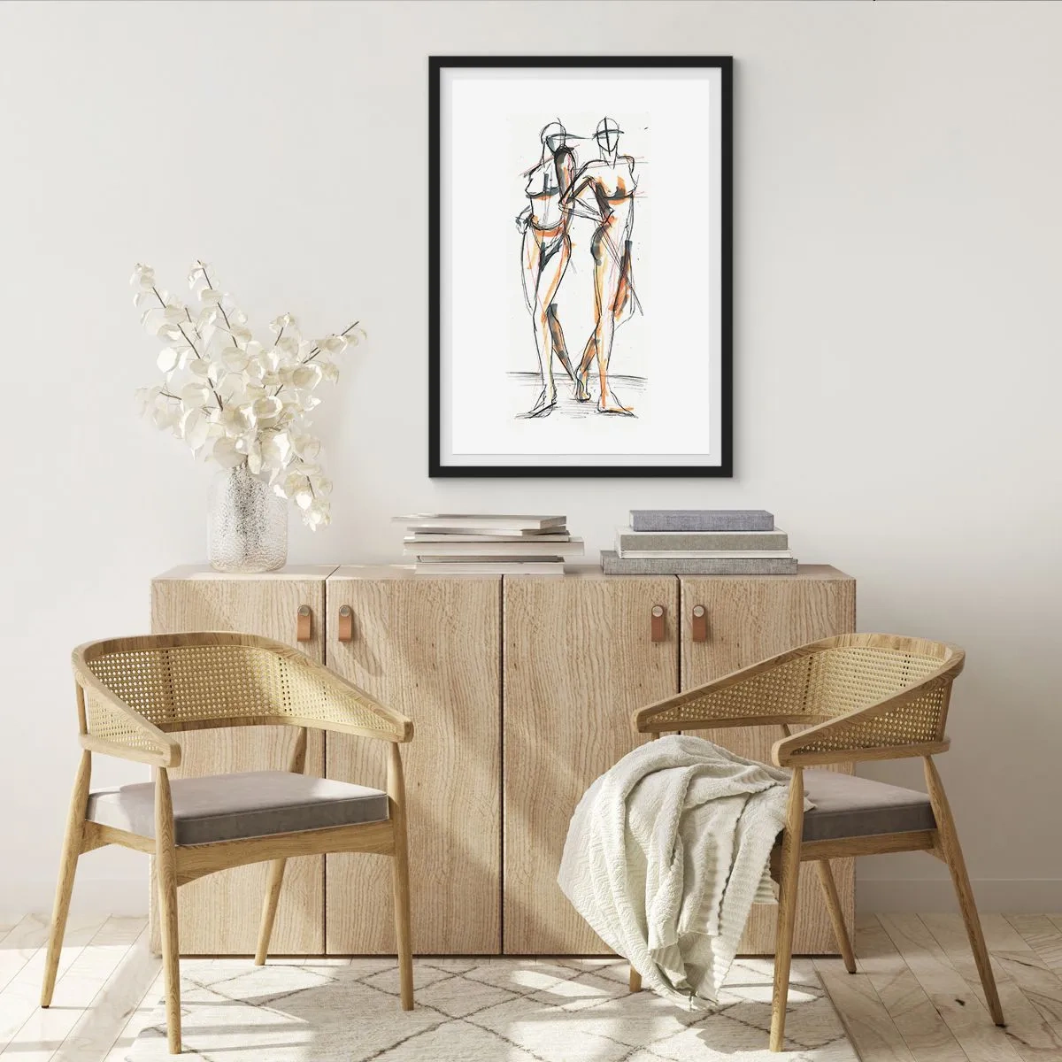 Plakat i sort ramme - Abstrakt skitse af to figurer i varme farver. - 50x70cm - En undersøgelse af charme - Moderne vægdekoration til stue og soveværelse ARTTOR