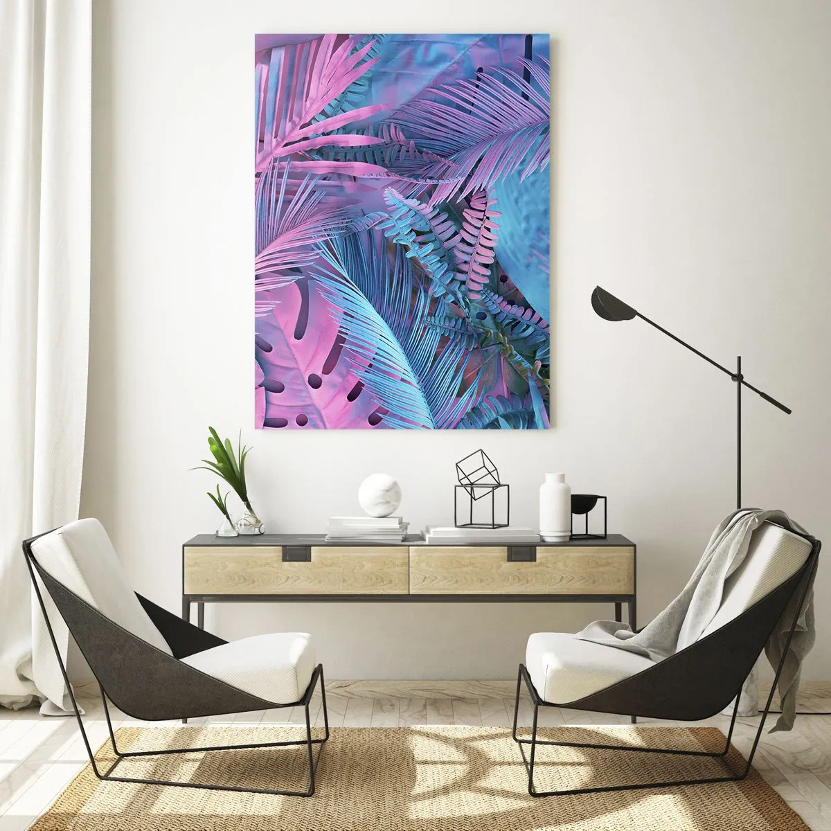 Billede på glas - Troperne i lyserød og blå - 80x120 cm