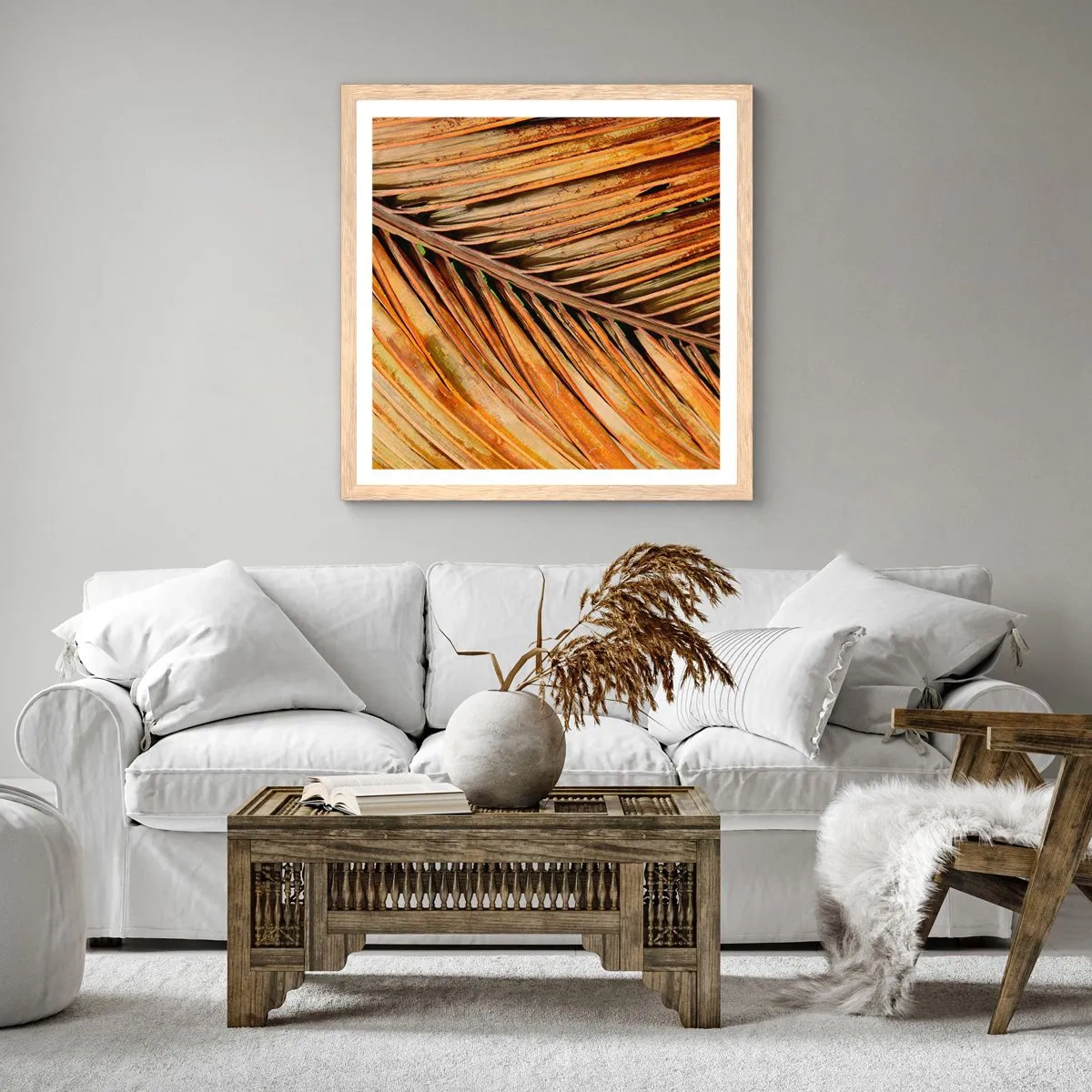 Plakat i ramme af lyst egetræ - Kokosnød guld - 40x40 cm