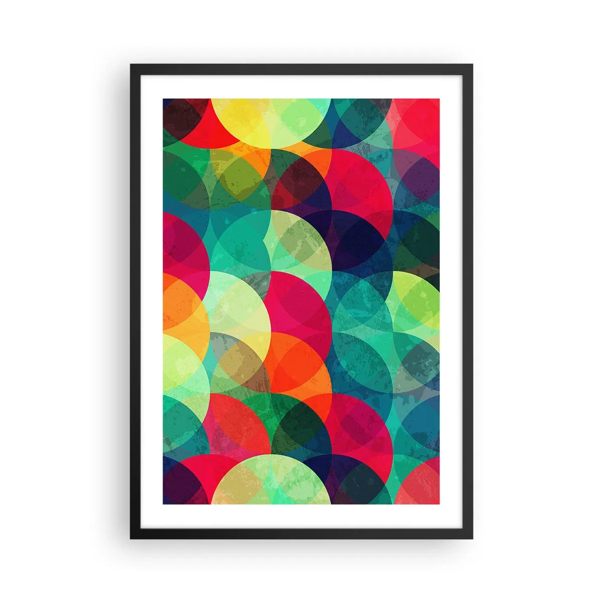 Plakat i sort ramme - Abstrakte, farverige cirkler, der overlapper hinanden - 50x70cm - Ind i regnbuens opstigning - Moderne vægdekoration til stue og soveværelse ARTTOR