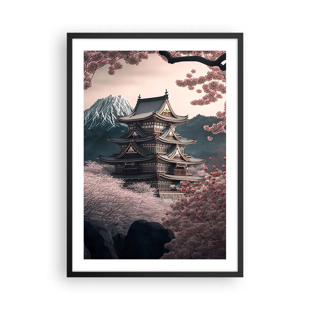 Plakat i sort ramme - Japansk pagode blandt kirsebærblomster - 50x70cm - Kirsebærblomsternes land - Moderne vægdekoration til stue og soveværelse ARTTOR