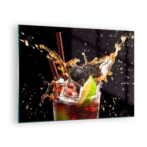 Billede på glas - Et glas drink med lime og stænk på en sort baggrund - 70x50cm - Glæde og farveenergi - Moderne vægdekoration til stue og soveværelse ARTTOR