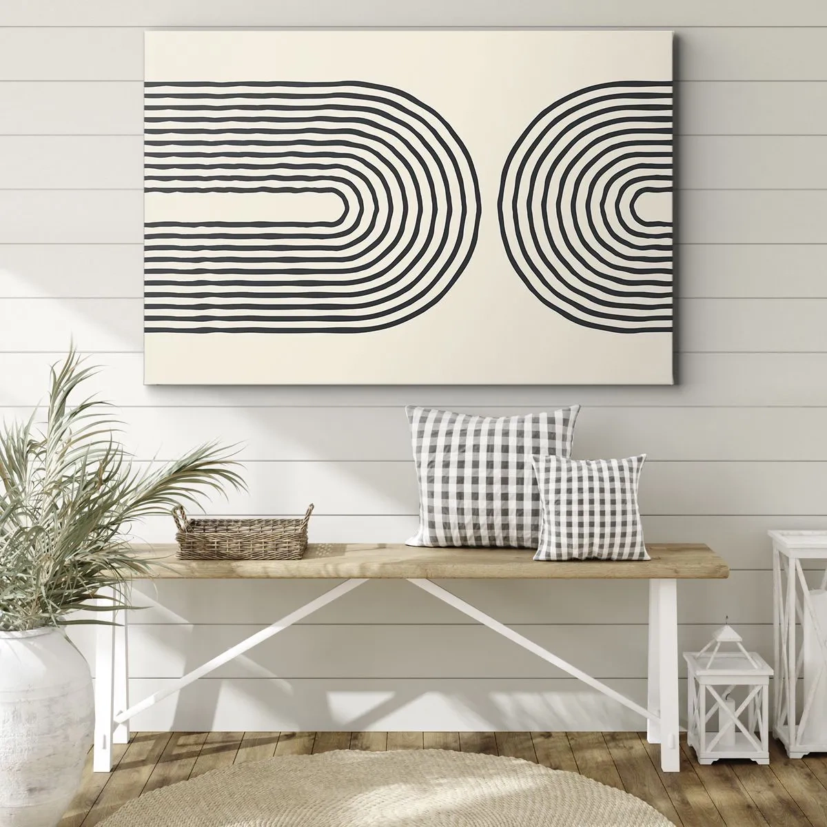 Lærredstryk - Billede på lærred - Abstrakt geometrisk mønster med symmetriske linjer på en lys baggrund - 70x50cm - Kommer snart... - Moderne vægdekoration til stue og soveværelse ARTTOR