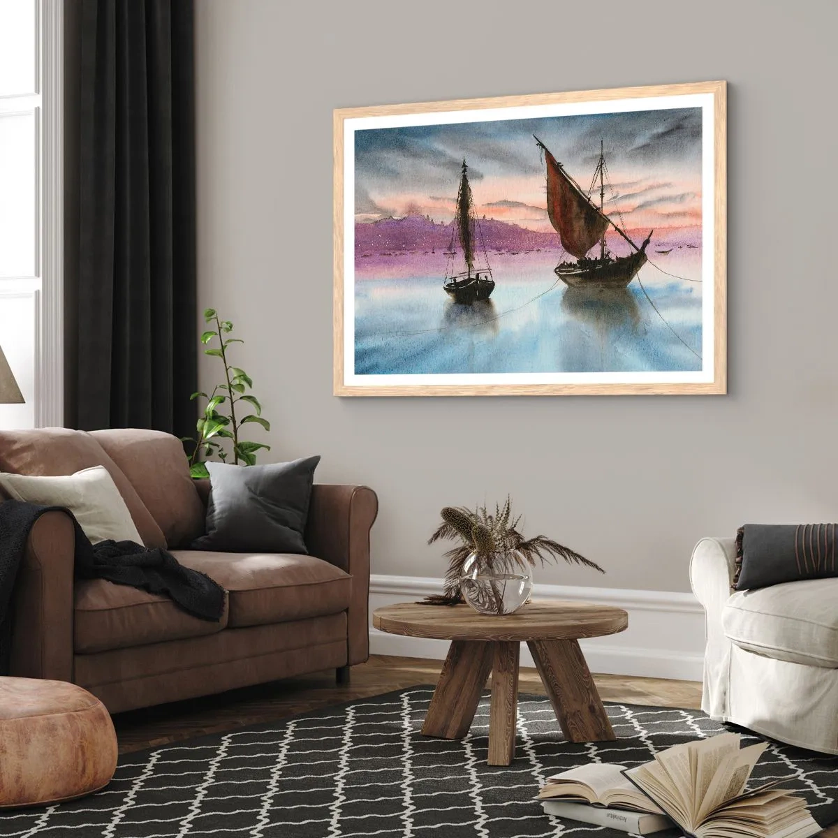 Plakat i ramme af lyst egetræ - Aften i havnen - 91x61 cm