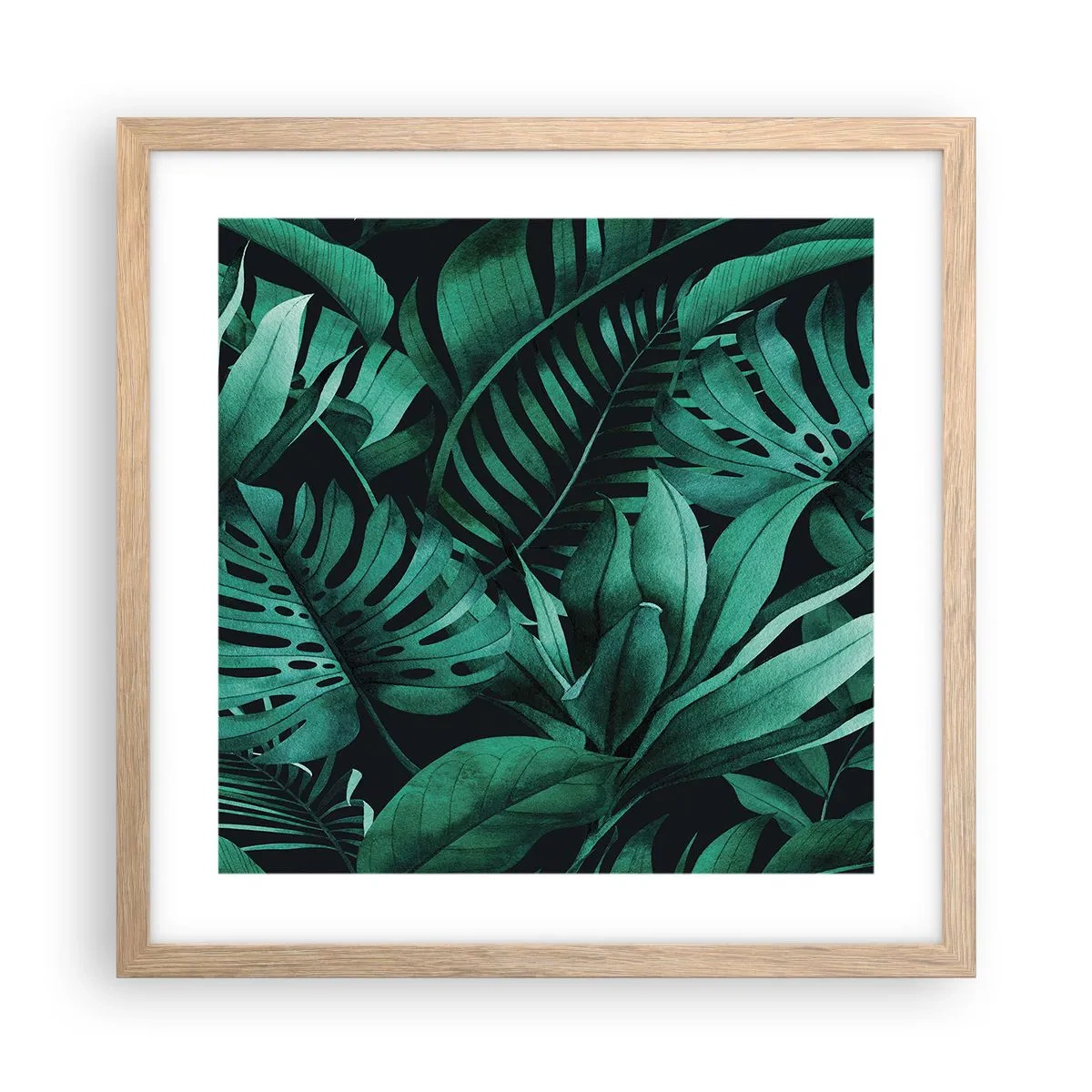 Plakat i ramme af lyst egetræ - Dyb tropisk grøn - 40x40 cm