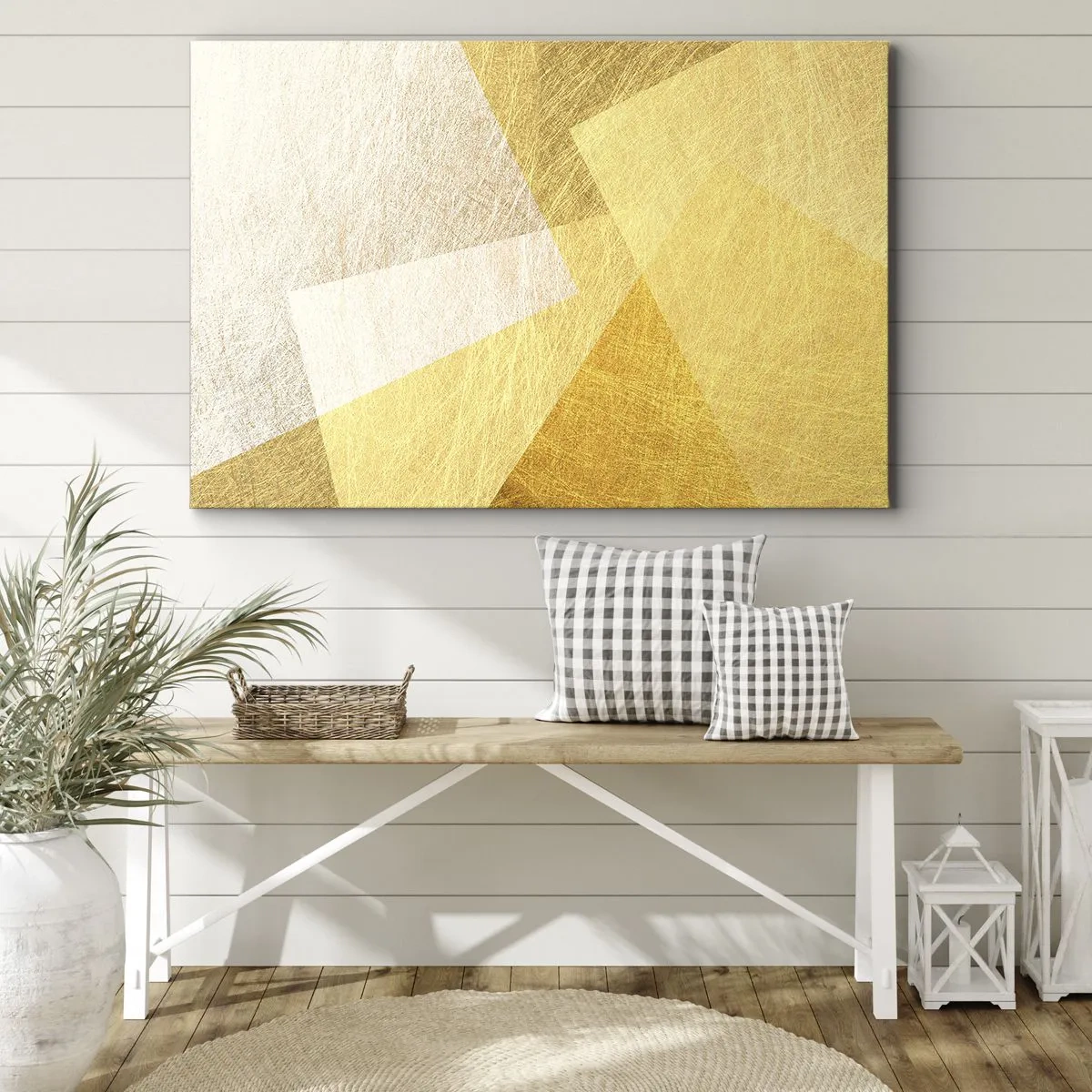 Lærredstryk - Billede på lærred - Geometriske former i guld og lyse nuancer - 70x50cm - Geometriens vejr - Moderne vægdekoration til stue og soveværelse ARTTOR