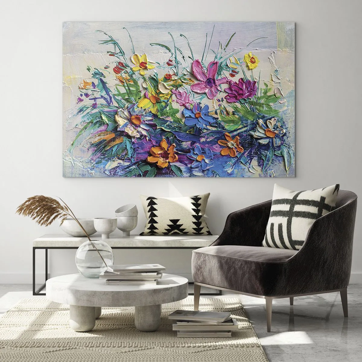 Billede på glas - Et farverigt blomsterarrangement i malerisk stil - 70x50cm - Overhovedet ikke et stilleben - Moderne vægdekoration til stue og soveværelse ARTTOR