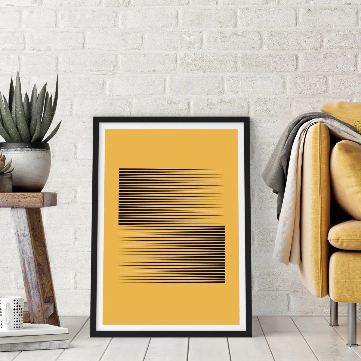 Plakat i sort ramme - En minimalistisk komposition af linjer på en sennepsgul baggrund. - 50x70cm - Modsætningernes kvadrat - Moderne vægdekoration til stue og soveværelse ARTTOR