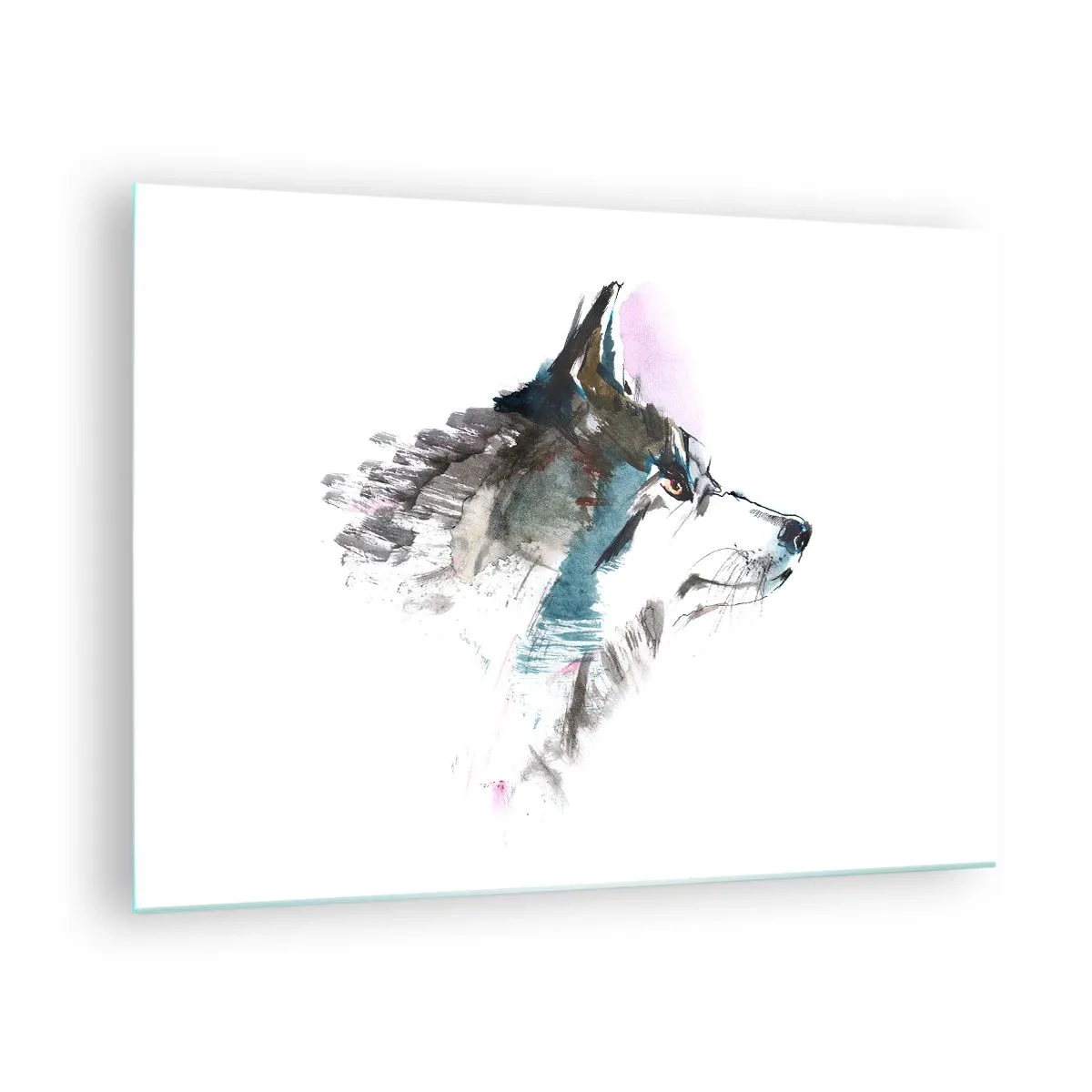 Billede på glas - Ulv i kunstnerisk akvarelstil på hvid baggrund - 70x50cm - Når vi taler om ulven - Moderne vægdekoration til stue og soveværelse ARTTOR