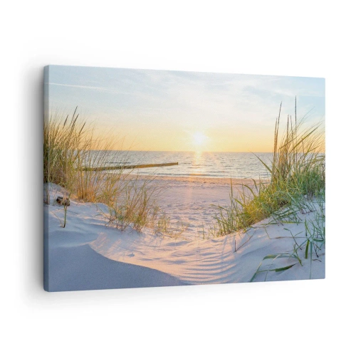 Lærredstryk - Billede på lærred - En sandstrand med udsigt til solnedgangen over havet - 70x50cm - Havet brummer, fuglene synger, en vild strand midt i græsset.... - Moderne vægdekoration til stue og soveværelse ARTTOR