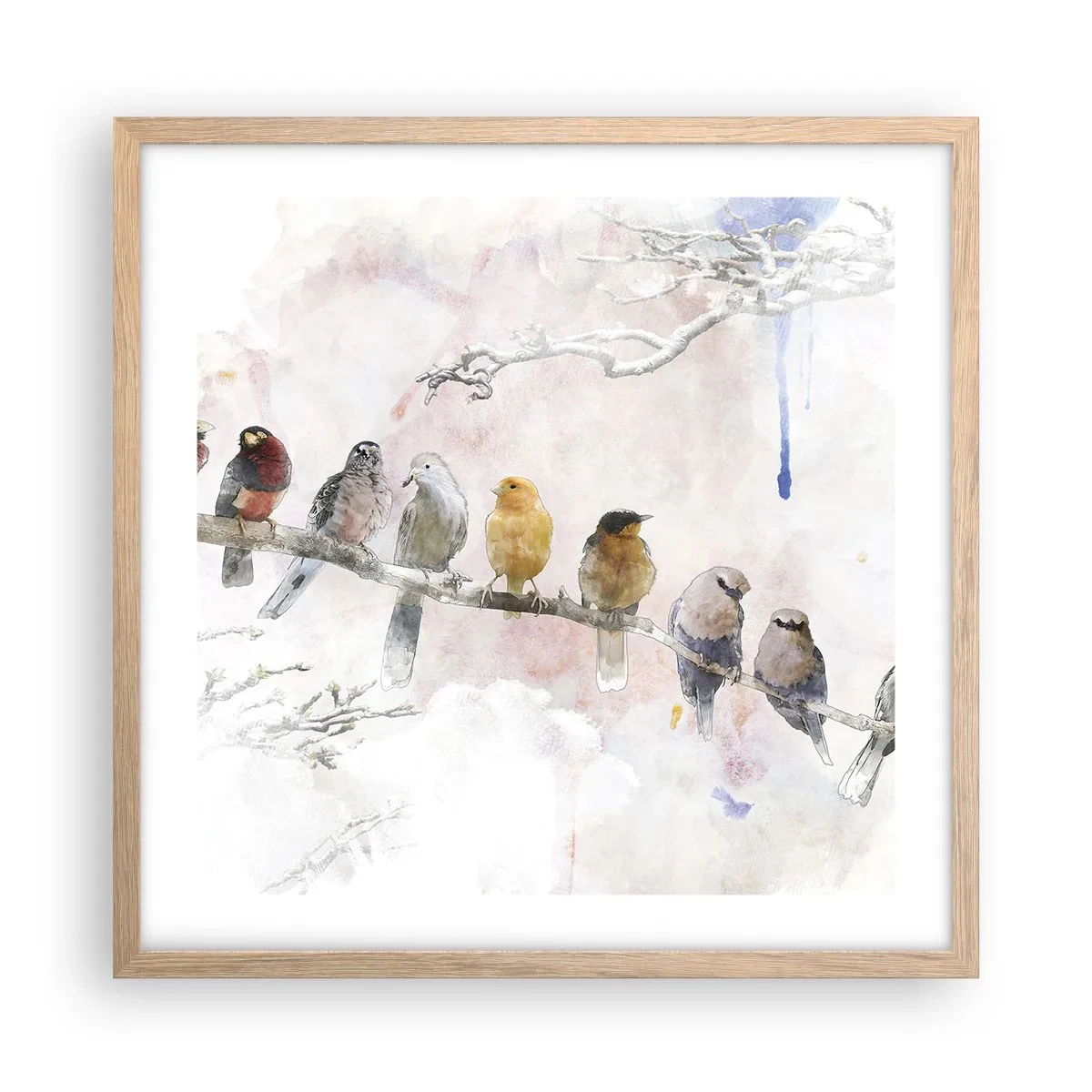 Plakat i ramme af lyst egetræ - Møde med vinger - 50x50 cm