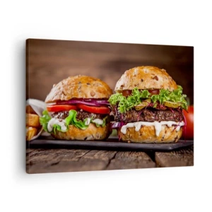 Lærredstryk - Billede på lærred - Lækre burgere med grøntsager og sauce - 70x50cm - American dream - Moderne vægdekoration til stue og soveværelse ARTTOR