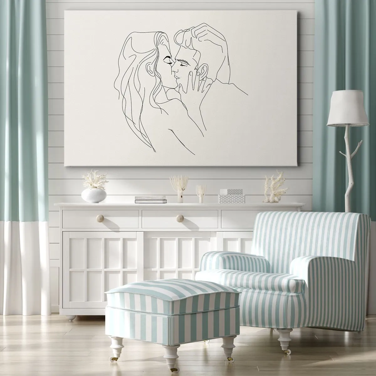 Lærredstryk - Billede på lærred - En minimalistisk illustration af et par i en kærlig omfavnelse - 70x50cm - Forviklet i følelser - Moderne vægdekoration til stue og soveværelse ARTTOR