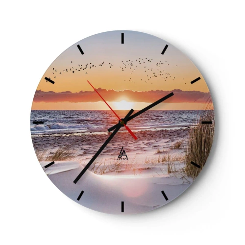 Vægur, Uret - Solnedgang over havet med fugle og sand i forgrunden - 30x30cm - Vandret landskab - Moderne vægdekoration til stue, køkken og soveværelse ARTTOR