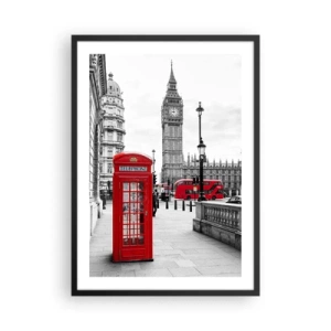 Plakat i sort ramme - En rød telefonboks med Big Ben og en bus i baggrunden. - 50x70cm - Uden tvivl, London - Moderne vægdekoration til stue og soveværelse ARTTOR