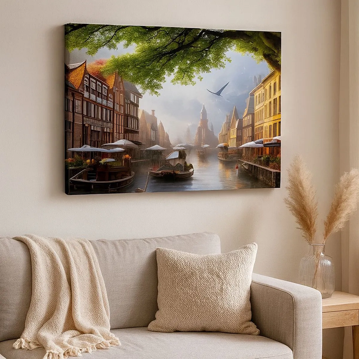 Lærredstryk - Billede på lærred - Et malerisk hollandsk landskab med en kanal og lejlighedshuse - 70x50cm - Hollandsk bybillede - Moderne vægdekoration til stue og soveværelse ARTTOR