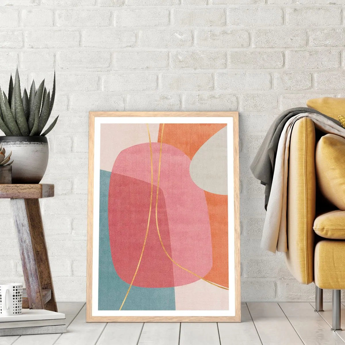 Plakat i ramme af lyst egetræ - Pastelkomposition med guldtråd - 50x70 cm