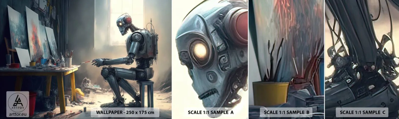 Prøve Fototapet Selvklæbende Deluxe Sticker - Den skabende handling - Stykke, Maleri, Robot - 100x30 cm