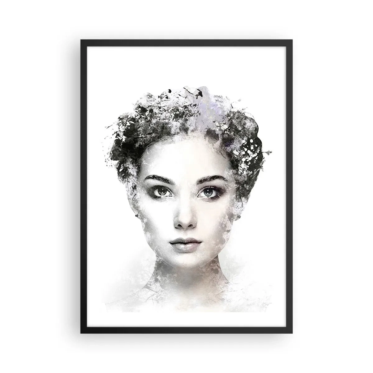 Plakat i sort ramme - Kunstnerisk portræt af en kvinde med abstrakte elementer - 50x70cm - Et meget stilfuldt portræt - Moderne vægdekoration til stue og soveværelse ARTTOR