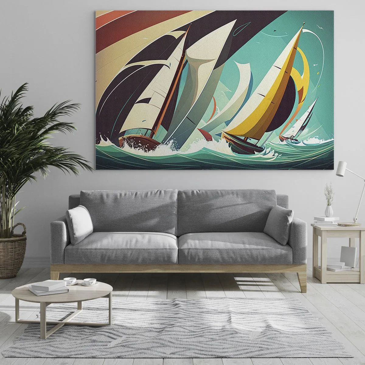 Billede på glas - Retro-stil illustration af sejlbåde i et stormfuldt hav - 70x50cm - Tæt på og personligt med elementerne - Moderne vægdekoration til stue og soveværelse ARTTOR
