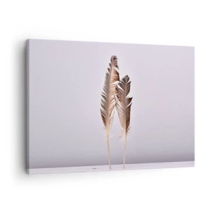 Lærredstryk - Billede på lærred - Fine fjer på en lys baggrund i minimalistisk stil - 70x50cm - Mod intetheden - Moderne vægdekoration til stue og soveværelse ARTTOR
