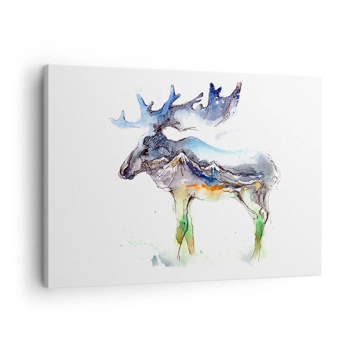 Lærredstryk - Billede på lærred - Akvarel silhuet af en elg med et bjerglandskab - 70x50cm - Helten i en vinterfortælling - Moderne vægdekoration til stue og soveværelse ARTTOR