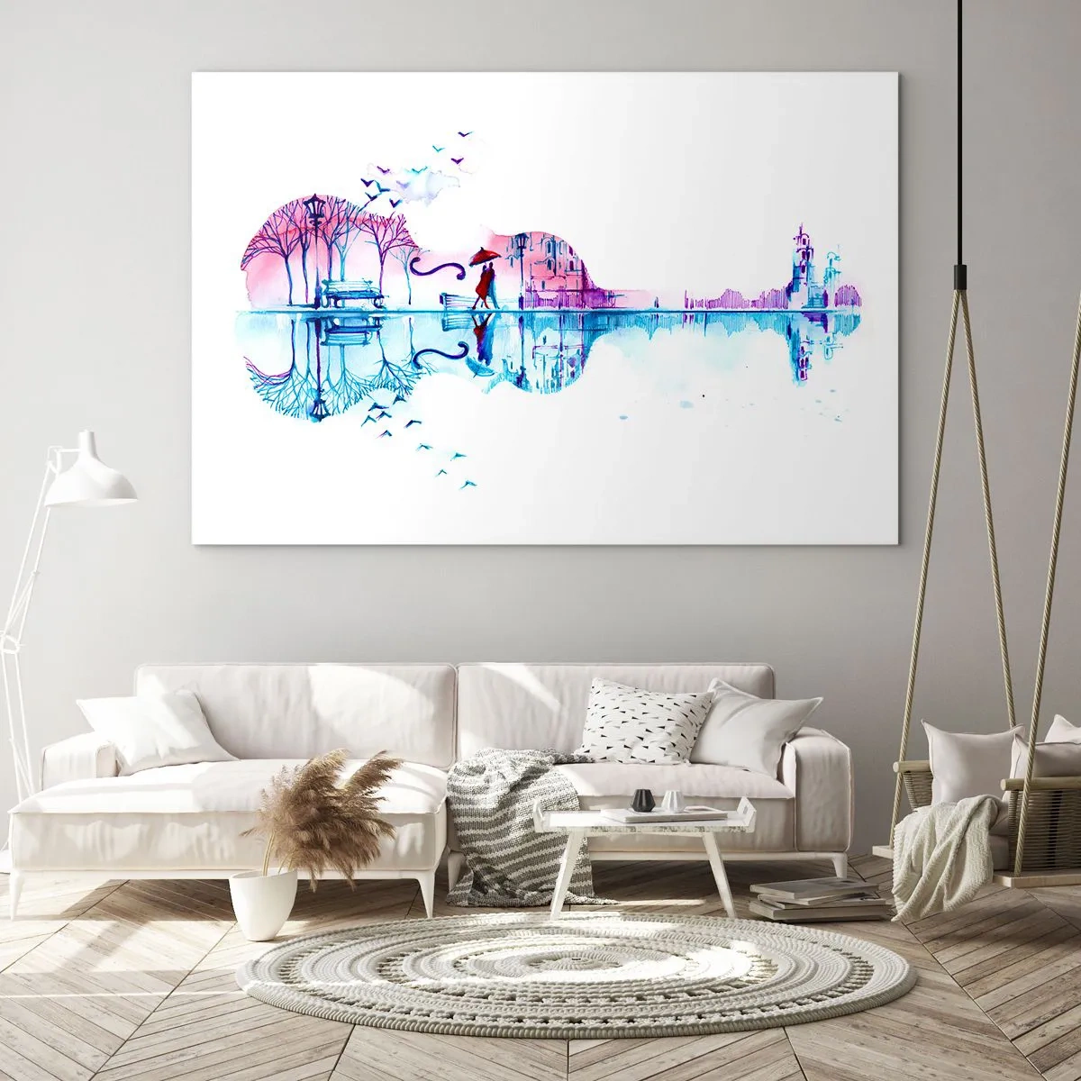 Billede på glas - Et guitarformet landskab i akvarelstil - 70x50cm - Jeg vil bringe jer regnvejrssange - Moderne vægdekoration til stue og soveværelse ARTTOR