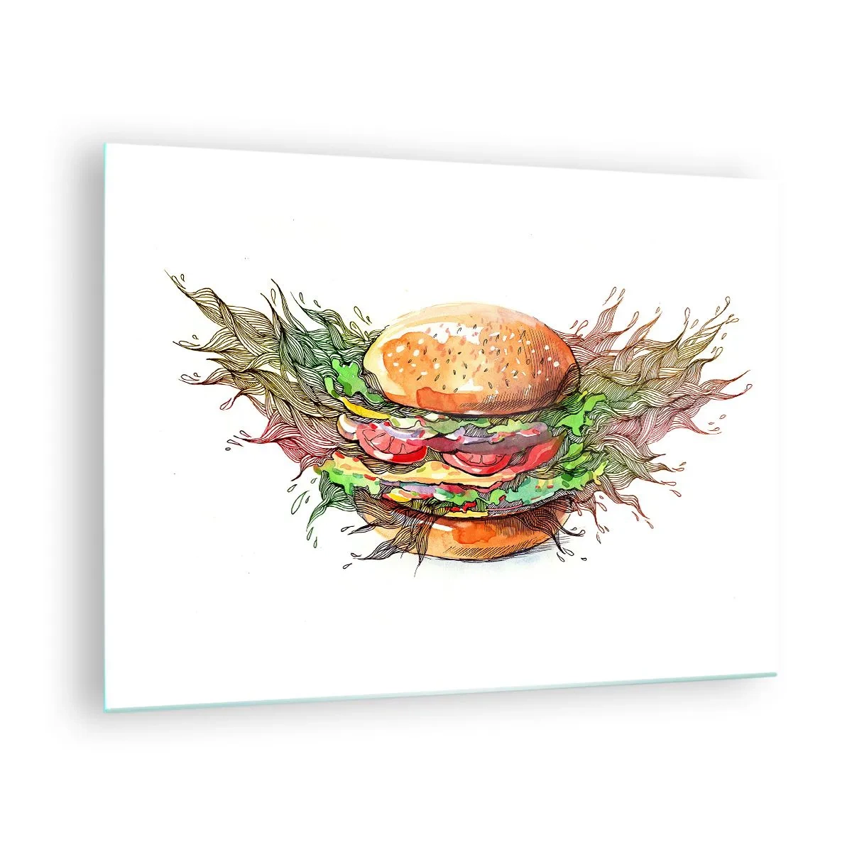 Billede på glas - Kunstnerisk tegning af en burger med akvareldetaljer - 70x50cm - Varm fristelse - Moderne vægdekoration til stue og soveværelse ARTTOR