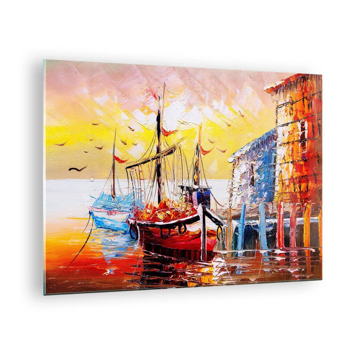 Billede på glas - Farverige sejlbåde ved solnedgang - 70x50cm - Glædelig tilbagevenden - Moderne vægdekoration til stue og soveværelse ARTTOR
