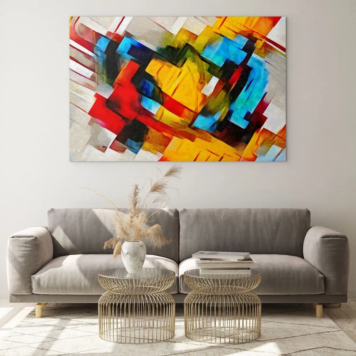 Billede på glas - Abstrakt komposition af geometriske former - 70x50cm - Flerfarvet lagdeling - Moderne vægdekoration til stue og soveværelse ARTTOR