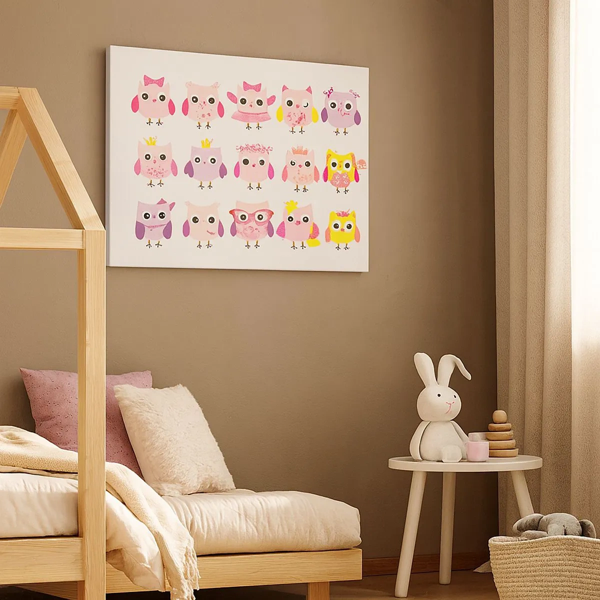 Lærredstryk - Billede på lærred - Søde ugler i pastelfarver - 70x50cm - Den ene er sødere end den anden - Moderne vægdekoration til stue og soveværelse ARTTOR