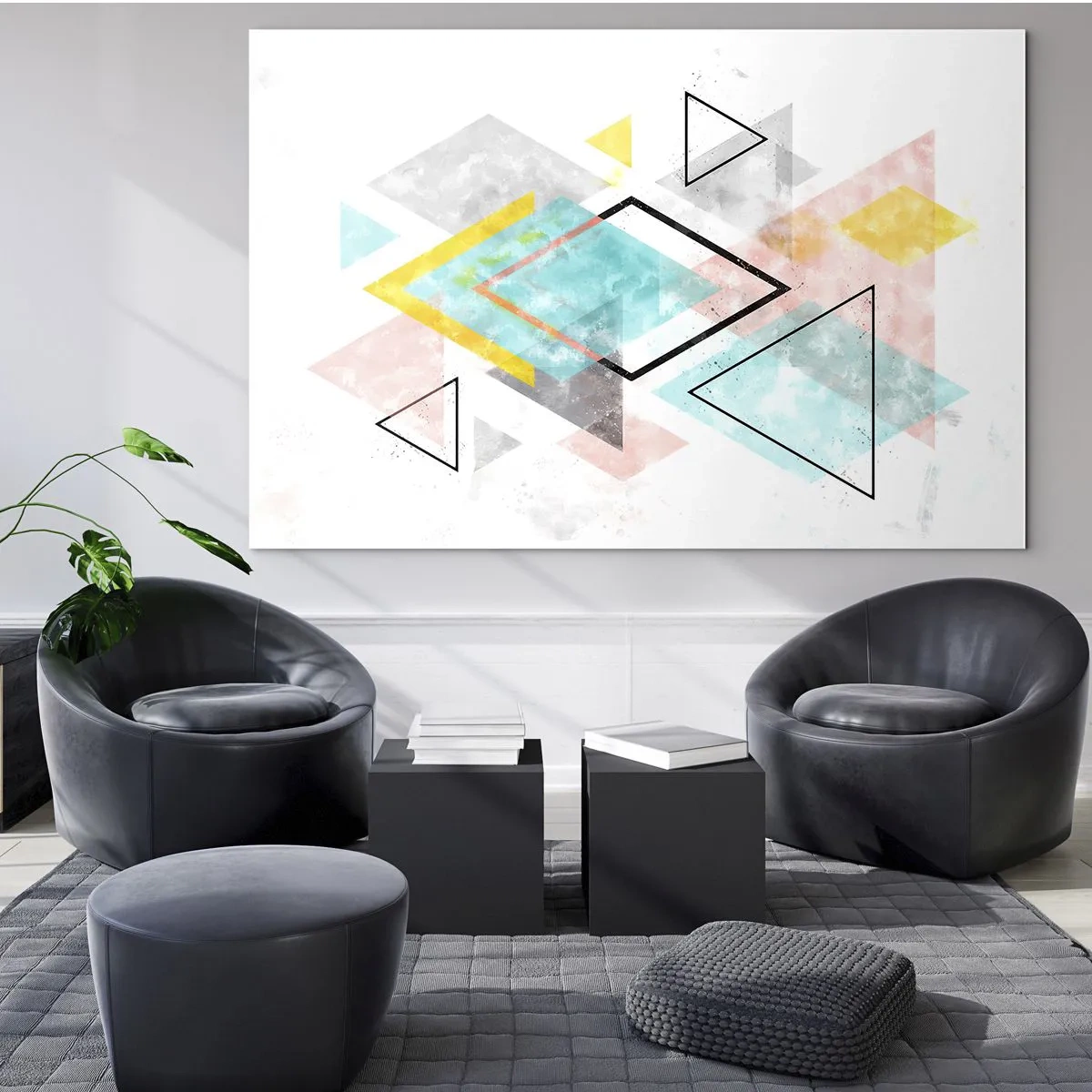 Billede på glas - Farverige geometriske former på en hvid baggrund i en abstrakt stil - 70x50cm - Geometrisk leg - Moderne vægdekoration til stue og soveværelse ARTTOR