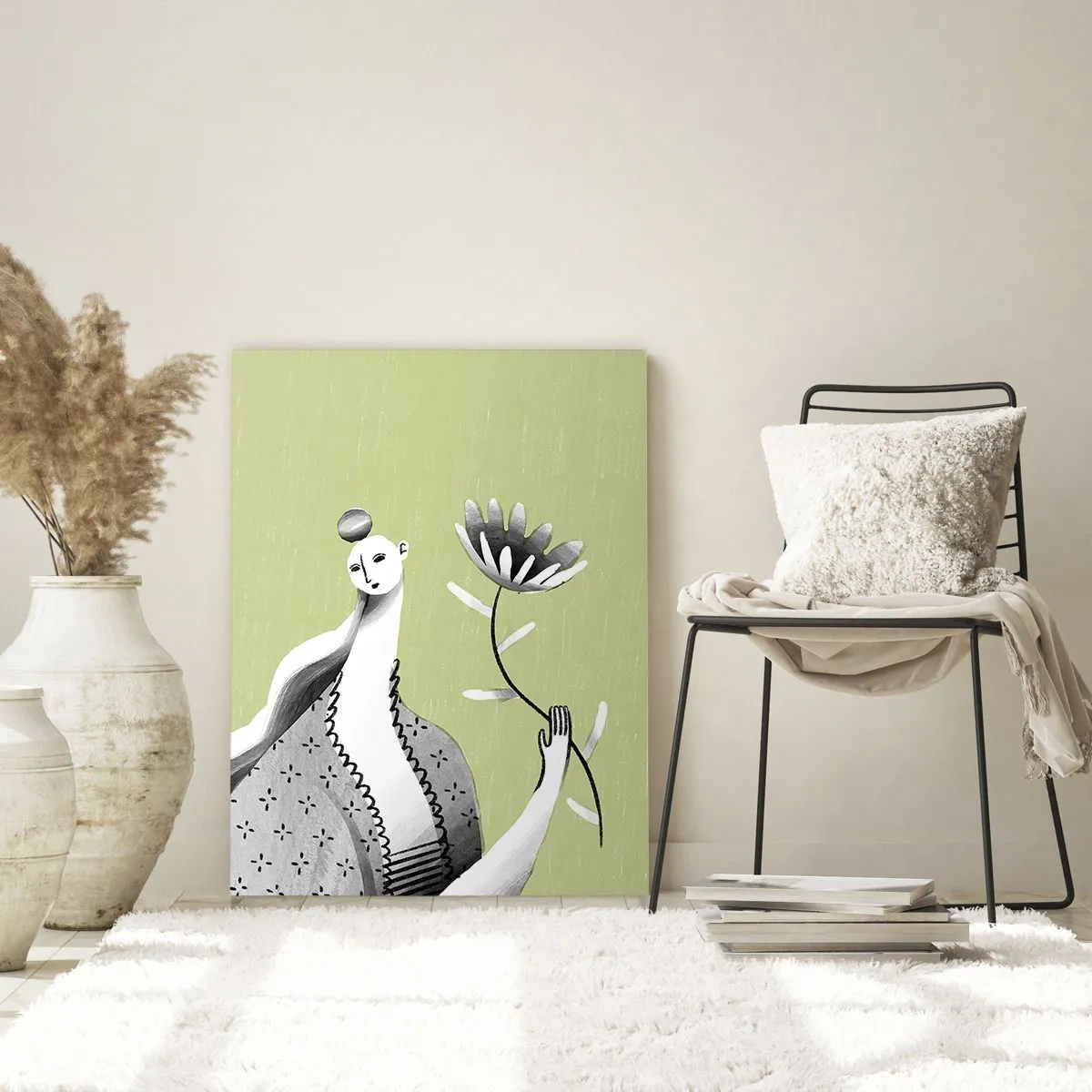 Billede på glas - Modernistisk portræt - holder en blomst - 80x120 cm