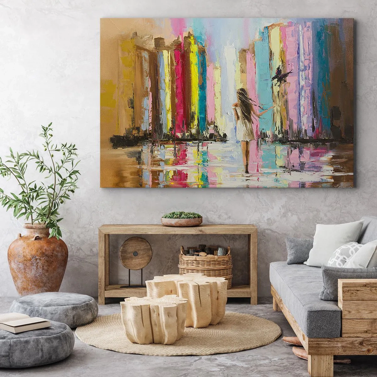 Lærredstryk - Billede på lærred - En farverig by og en kvinde i en hvid kjole med en fugl - 70x50cm - Følg mig - Moderne vægdekoration til stue og soveværelse ARTTOR