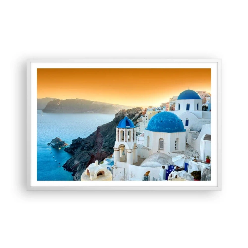 Plakat i hvid ramme - Santorini - omfavnet af klipperne - 91x61 cm