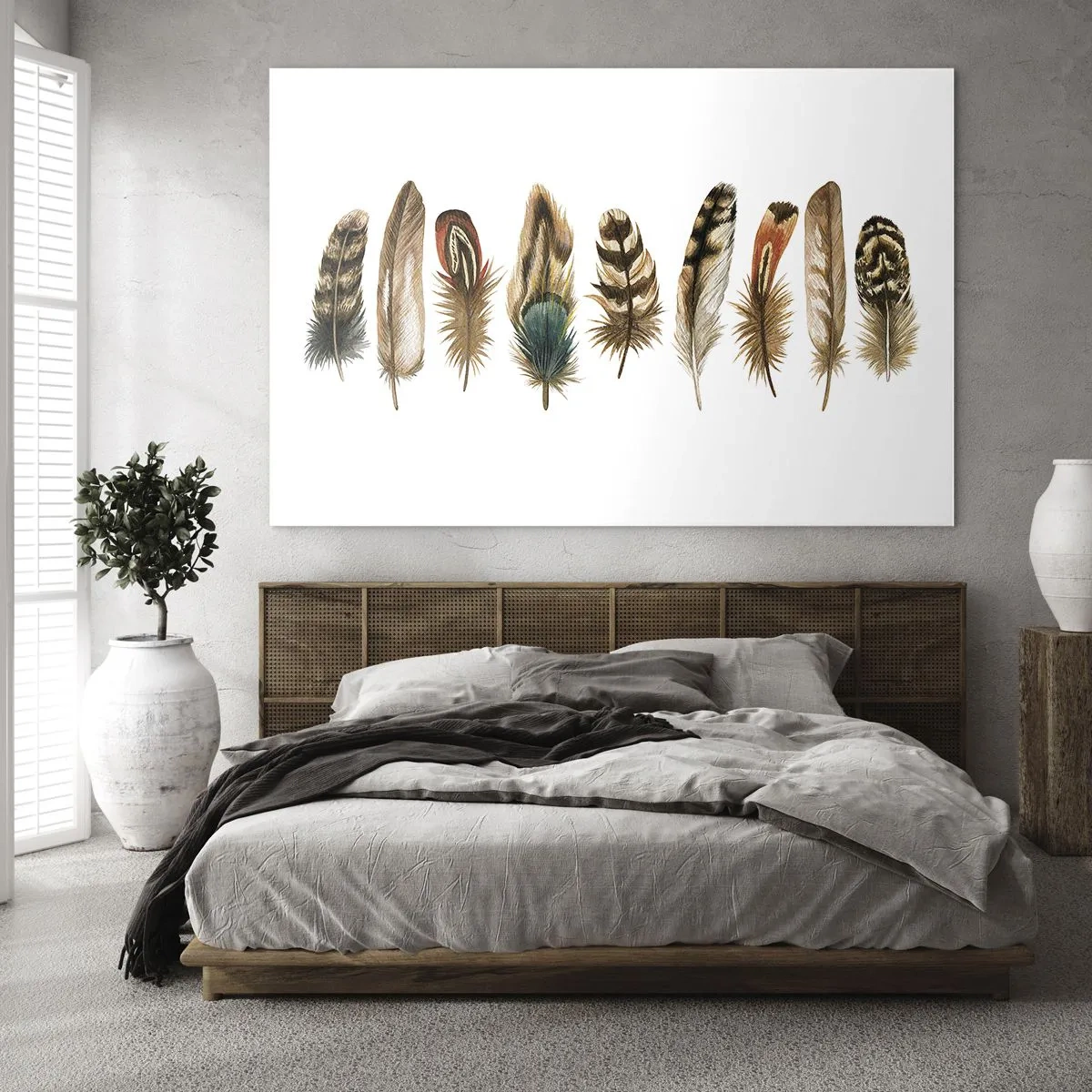 Billede på glas - En sammensætning af farverige fjer på en hvid baggrund - 70x50cm - Variation med fjer - Moderne vægdekoration til stue og soveværelse ARTTOR