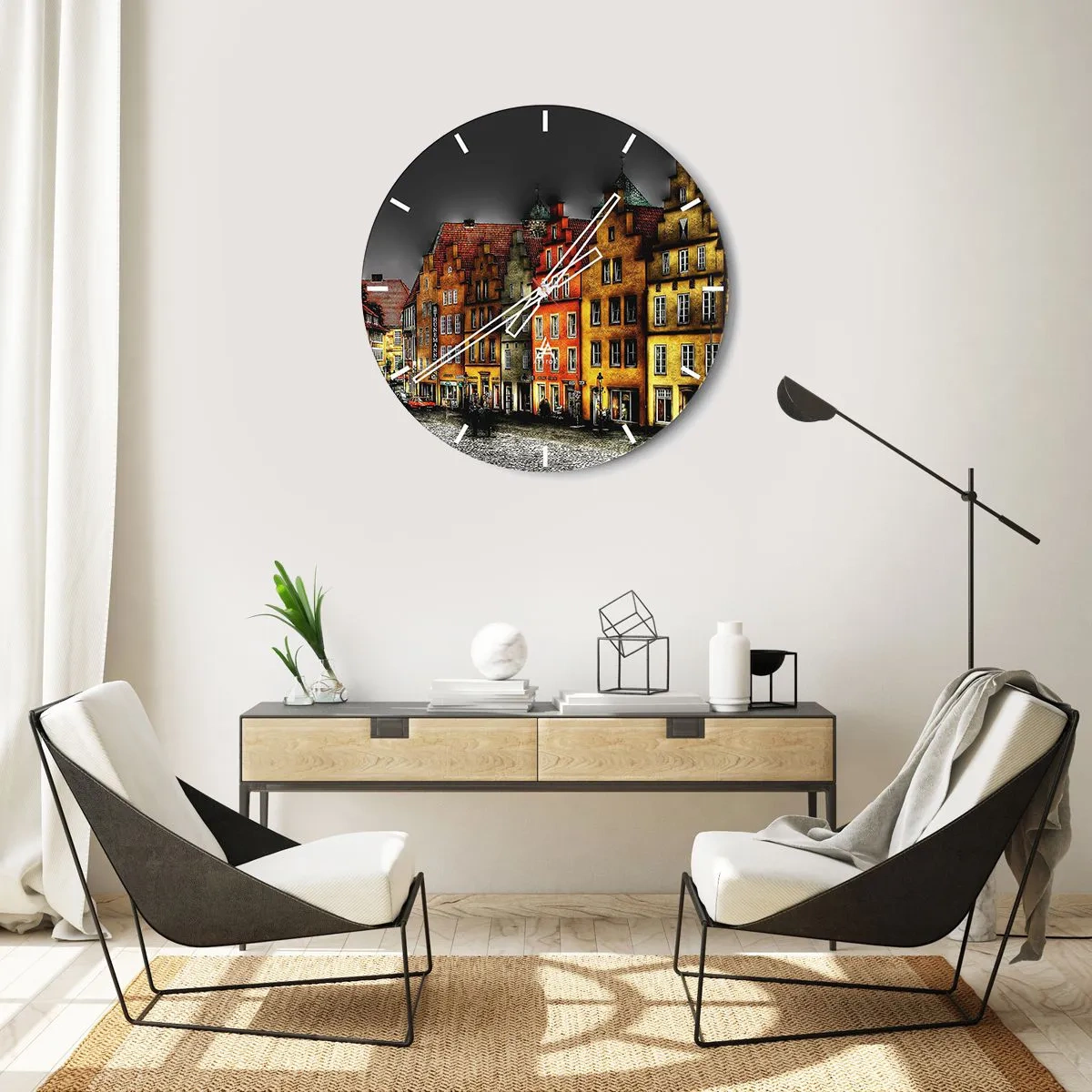 Vægur, Uret - Farverige lejlighedshuse mod den mørke himmel - 30x30cm - Det eneste, der mangler, er en fortryllet hestevogn - Moderne vægdekoration til stue, køkken og soveværelse ARTTOR