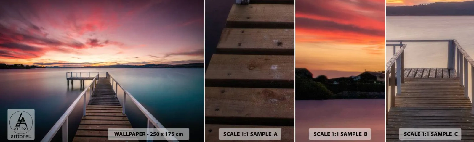 Prøve Fototapet Selvklæbende Deluxe Sticker - Aftenens blide flamme - Landskab, Solnedgang, Træmole - 100x30 cm