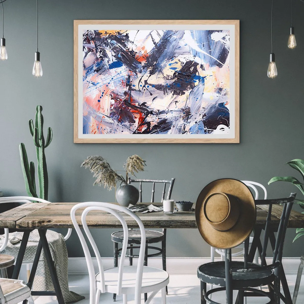 Plakat i ramme af lyst egetræ - Abstraktionens vanvittige dans - 100x70 cm