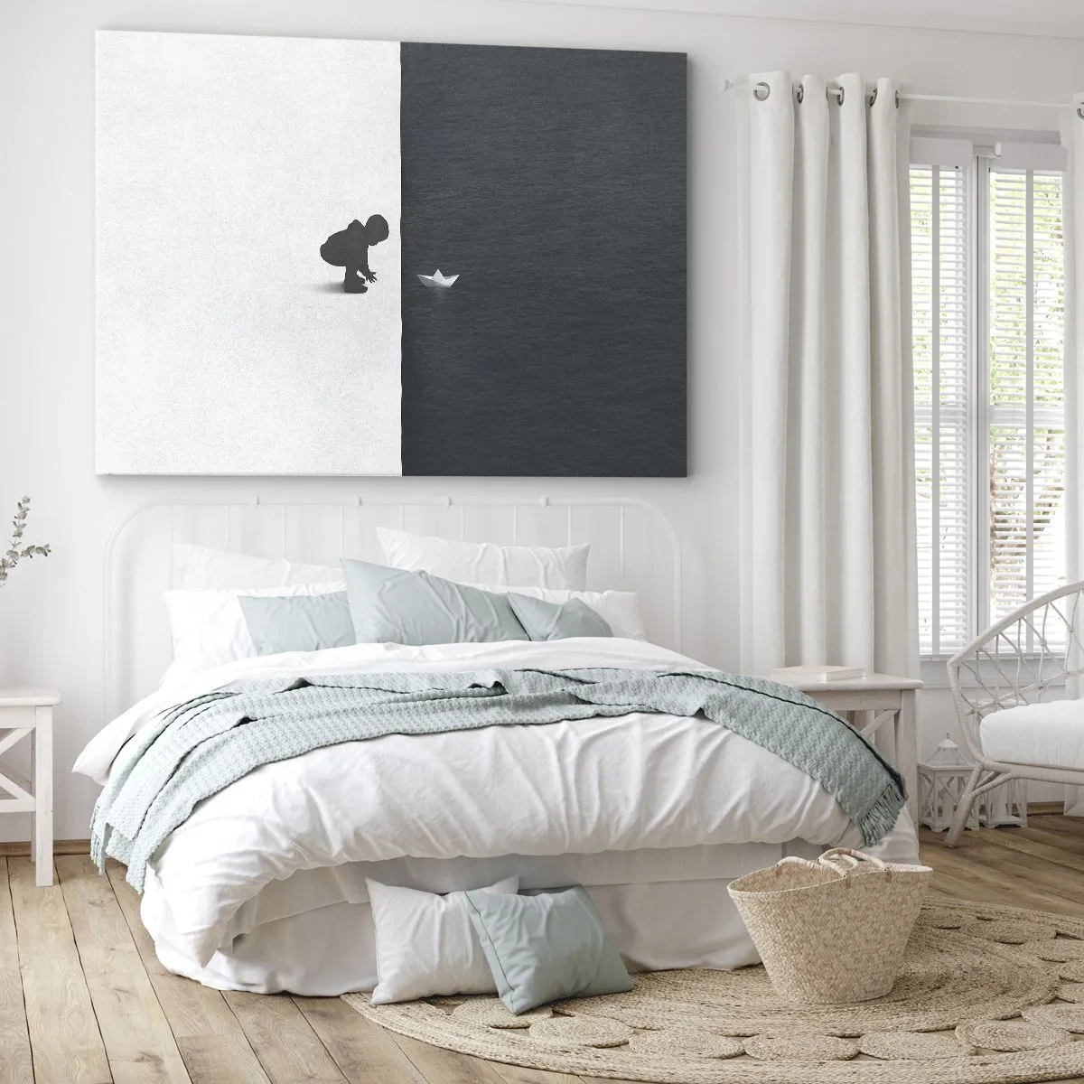 Lærredstryk - Billede på lærred - En barnefigur med en papirbåd mod en baggrund af kontrasterende halvdele - 70x50cm - Stor ekspedition - Moderne vægdekoration til stue og soveværelse ARTTOR