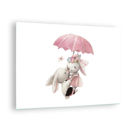 Billede på glas - To kaniner under en lyserød paraply i en romantisk scene - 70x50cm - Det er kærlighed - Moderne vægdekoration til stue og soveværelse ARTTOR