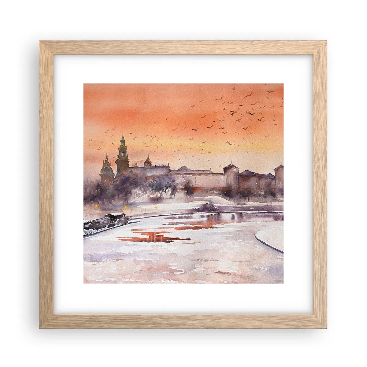 Plakat i ramme af lyst egetræ - Kongelig solnedgang - 30x30 cm