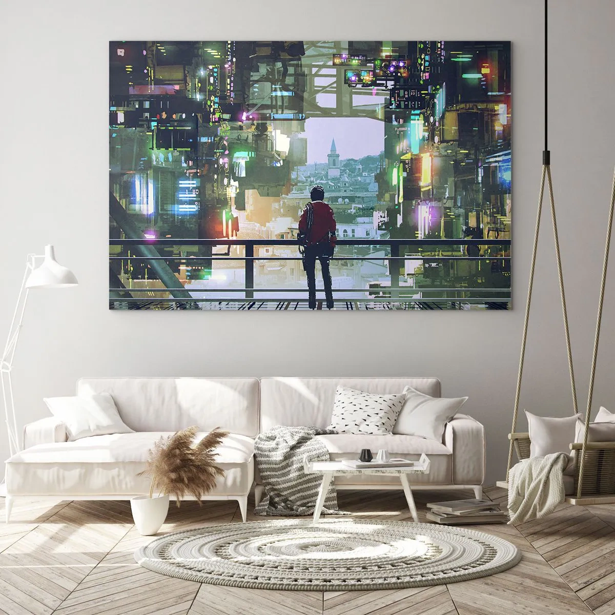 Billede på glas - En figur på baggrund af en futuristisk by med udsigt over den gamle bydel - 70x50cm - To verdener - Moderne vægdekoration til stue og soveværelse ARTTOR