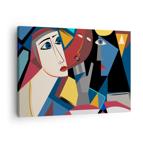 Lærredstryk - Billede på lærred - Kubistiske ansigter i intense farver - 70x50cm - Kubistisk samtale - Moderne vægdekoration til stue og soveværelse ARTTOR