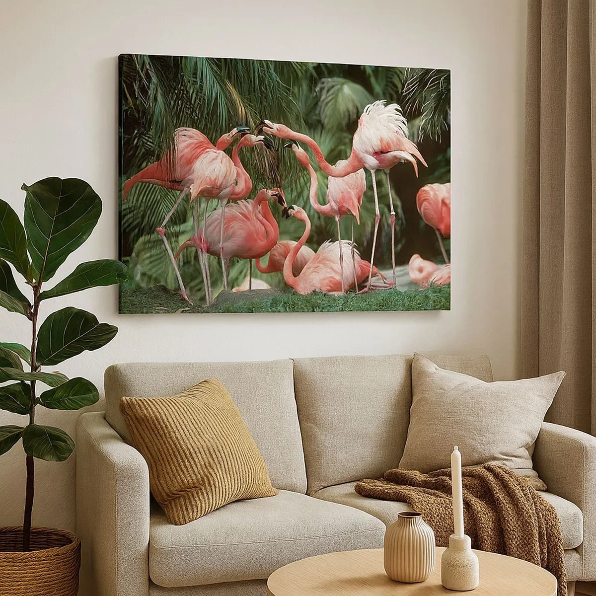 Lærredstryk - Billede på lærred - En gruppe flamingoer i tropiske omgivelser omgivet af palmer - 70x50cm - Sladder om eftermiddagen - Moderne vægdekoration til stue og soveværelse ARTTOR