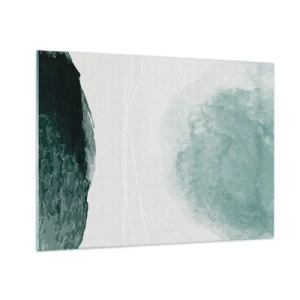 Billede på glas - Grønne abstrakte former på en lys baggrund, der ligner tåge - 70x50cm - Et møde med tåge - Moderne vægdekoration til stue og soveværelse ARTTOR