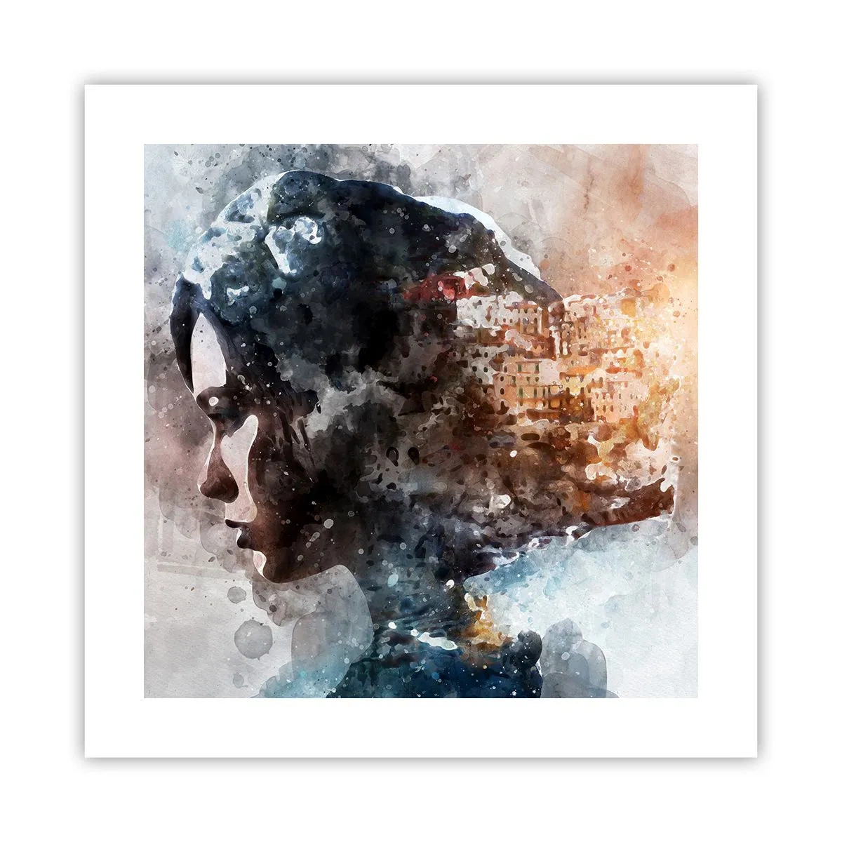 Plakat - Historien om en pige med en by i baggrunden - 40x40 cm